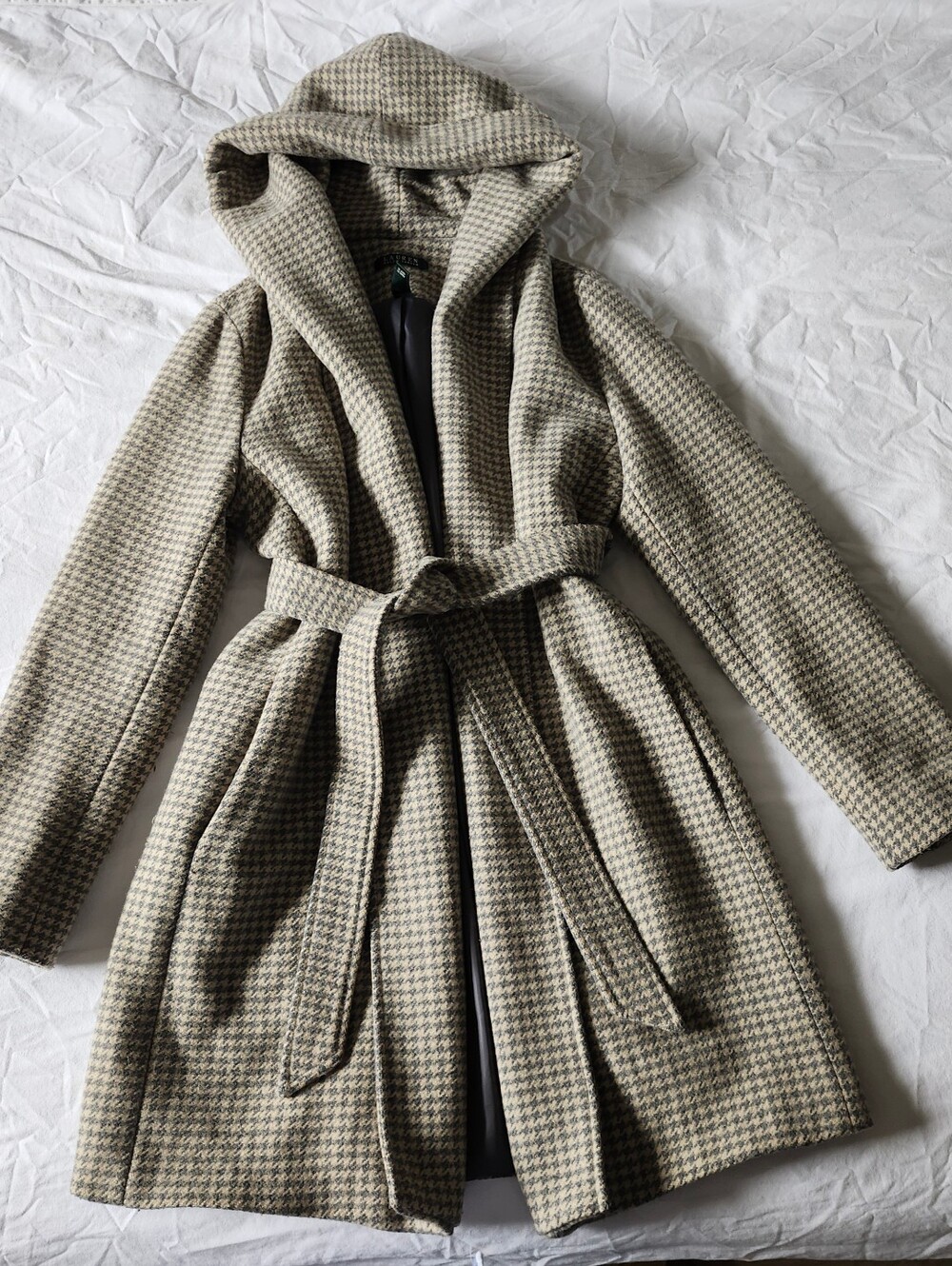 Ralph Lauren Houndstooth Wool Hooded Coat In Cream And Gray